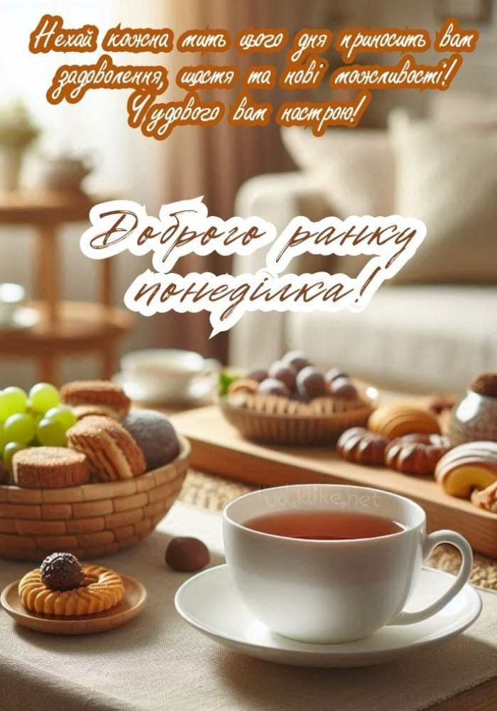 Доброго ранку понеділка! Чашка чаю в кімнаті.