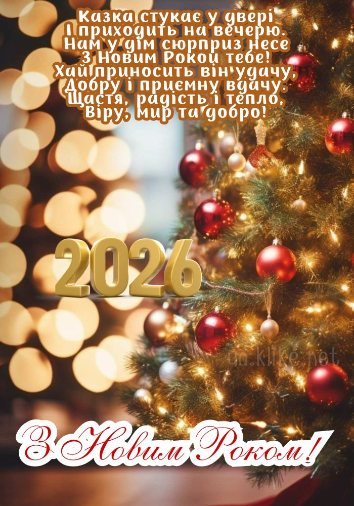 Яскрава листівка з Новим роком 2026! Вогні гірлянди на ялинці.