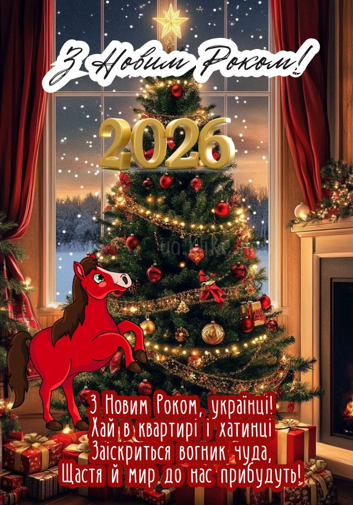 Кінь біля ялинки на Новий 2026 рік.