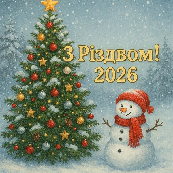 Класна листівка з Різдвом Христовим 2026! Прикольний сніговик.