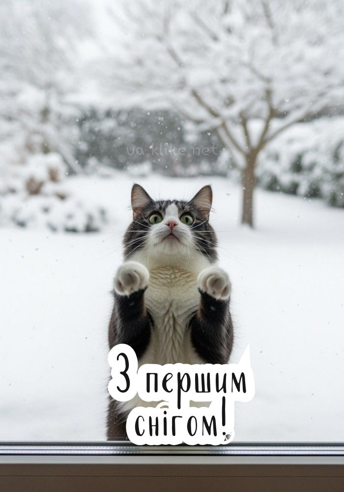 Веселий кіт і перший сніг.